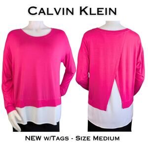 Calvin Klein Tunic Top Medium Hot Pink White Colorblock Layered Flowy NEW